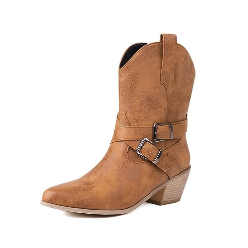 ZureoZaore Damen Schnalle Cowboy Knöchel Stiefel Blockabsatz Western Cowgirl Stiefel Kurzschaft Stiefeletten with Side Reißverschlussper Brown Große 36 von ZureoZaore