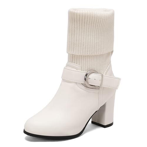 ZureoZaore Damen Schnalle Wadenhoch Stiefel Chunky Höhen Blockabsatzs Kleid Party Schuhe Warm Herbst Winter Stiefel White Große 47 von ZureoZaore