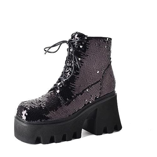 ZureoZaore Damen Schnüren Glitzer Combat Knöchel Stiefel Chunky Heel Sequin Stiefelettens Black Große 42 von ZureoZaore