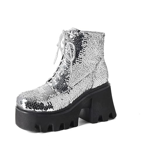 ZureoZaore Damen Schnüren Glitzer Combat Knöchel Stiefel Chunky Heel Sequin Stiefelettens White Große 38 von ZureoZaore