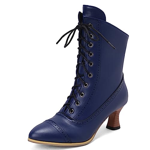 ZureoZaore Damen Schnüren Stiefel Louis Heel Viktorianische Stiefel Wadenhoch Vintage Stiefel Steampunk Gothic Blue Große 34 von ZureoZaore