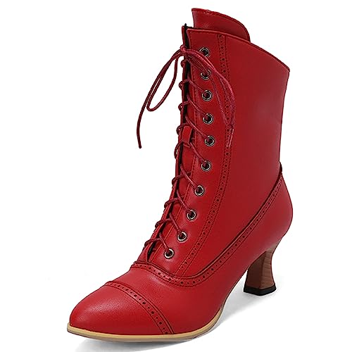 ZureoZaore Damen Schnüren Stiefel Louis Heel Viktorianische Stiefel Wadenhoch Vintage Stiefel Steampunk Gothic Red Große 36 von ZureoZaore