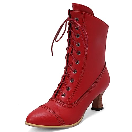 ZureoZaore Damen Schnüren Stiefel Louis Heel Viktorianische Stiefel Wadenhoch Vintage Stiefel Steampunk Gothic Red Große 38 von ZureoZaore