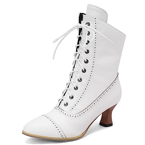 ZureoZaore Damen Schnüren Stiefel Louis Heel Viktorianische Stiefel Wadenhoch Vintage Stiefel Steampunk Gothic White 42 von ZureoZaore