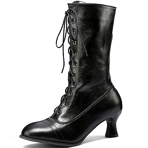 ZureoZaore Damen Schnüren Vintage Viktorianische Stiefel Wadenhoch Knöchel Stiefel Black Große 37 von ZureoZaore