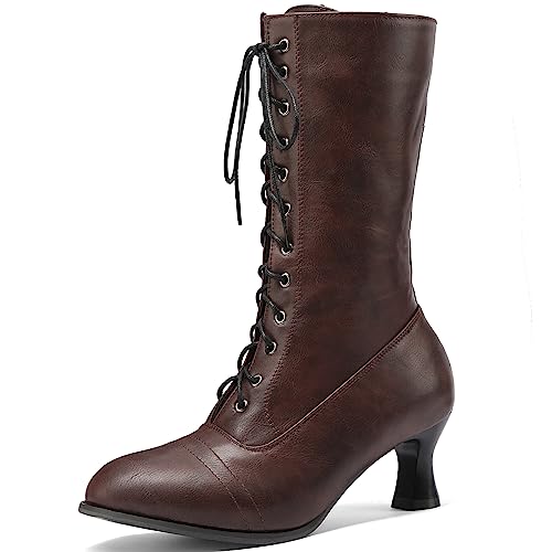 ZureoZaore Damen Schnüren Vintage Viktorianische Stiefel Wadenhoch Knöchel Stiefel Brown Große 39 von ZureoZaore