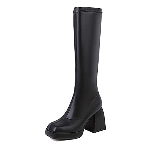 ZureoZaore Damen Skinny Calf Kniehoch Boot Plateau Gogo Boots Chunky Heel Pull On Party Boots Slim Fit Winter Boot Black Size 39 Asiatisch von ZureoZaore