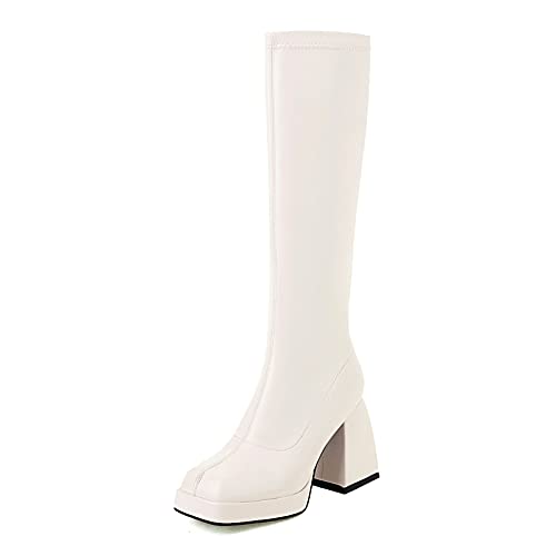 ZureoZaore Damen Skinny Calf Kniehoch Boot Plateau Gogo Boots Chunky Heel Pull On Party Boots Slim Fit Winter Boot White Size 37 Asiatisch von ZureoZaore