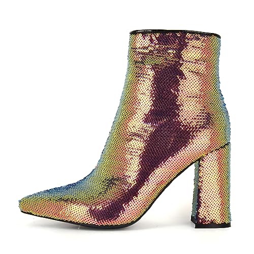 ZureoZaore Damen Sparkly Knöchel Stiefel Point Toe Blockabsatz Party Hochzeit Stiefelettens Glitzer Kleidy Mode Kurzschaft Stiefel Yellow Große 42 von ZureoZaore