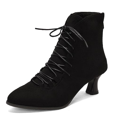 ZureoZaore Damen Vintage Viktorianische Stiefel 70s Schnüren Kitten Heel Kurzschaft Knöchel Stiefel Black Große 39 von ZureoZaore