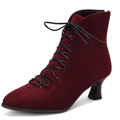 ZureoZaore Damen Vintage Viktorianische Stiefel 70s Schnüren Kitten Heel Kurzschaft Knöchel Stiefel Red Große 40 von ZureoZaore