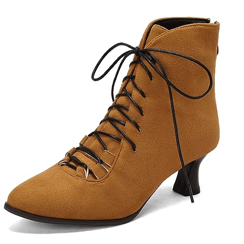 ZureoZaore Damen Vintage Viktorianische Stiefel 70s Schnüren Kitten Heel Kurzschaft Knöchel Stiefel Yellow Große 43 von ZureoZaore