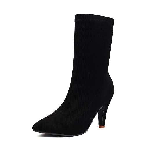 ZureoZaore Damen Wadenhoch Sock Knöchel Stiefel Pointed Toe Strech Stiefel Mode Kitten Heel Stiefelettens Black Große 47 von ZureoZaore