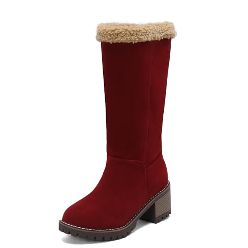 ZureoZaore Damen Warm Schneestiefel Chunky Heel Plateau Stiefelettens Ohne Verschluss Wadenhoch Knöchel Stiefeletten in Winter Red Große 44 von ZureoZaore