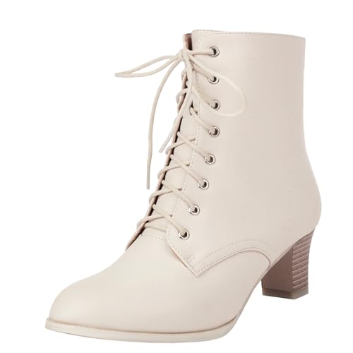 ZureoZaore Damen's Retro Victorian Lace-Up Knöchel Stiefel Kitten Heel Stiefelettens with Side Reißverschlussper Beige Große 39 von ZureoZaore