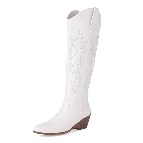 ZureoZaore Embroidered Cowboy Stiefel for Damen Wide Calf Chunky Heel Cowgirl Kniehoch Stiefel Mode Retro Pointed Toe Schlupf Western Stiefel White Große 46 von ZureoZaore