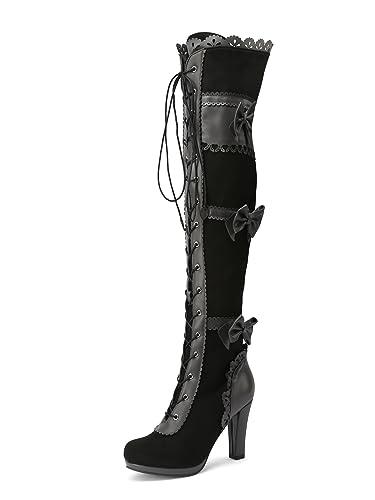 ZureoZaore Retro Viktorianische Stiefel Schnüren Over the Knee Stiefel Side Reißverschlussper With Bogen Oberschenkel Heel Stiefel for Damen Black Große 39 von ZureoZaore