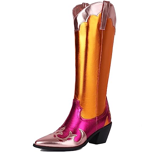 ZureoZaore Stage Metallic Cowboy Stiefel Mode Western Cowgirl Stiefel With Chunky Heel Gold Große 43 von ZureoZaore