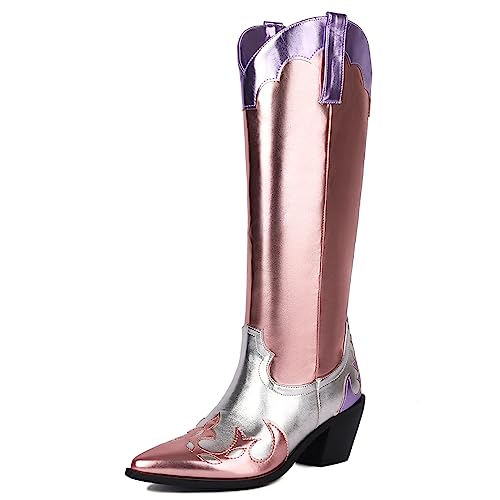 ZureoZaore Stage Metallic Cowboy Stiefel Mode Western Cowgirl Stiefel With Chunky Heel Pink Große 43 von ZureoZaore