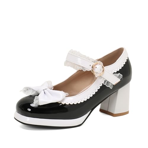 ZureoZaore Womans Höhen Blockabsatz Lolita Pumps Cute Bogen Mary Jane Schuhe Black Große 37 von ZureoZaore