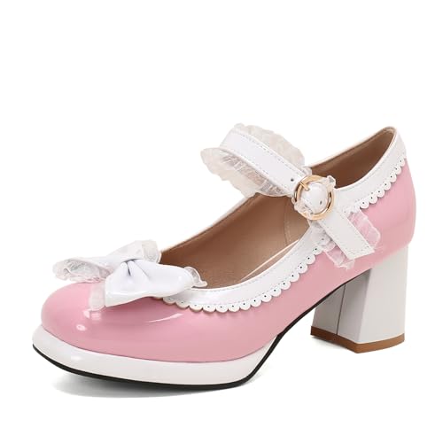 ZureoZaore Womans Höhen Blockabsatz Lolita Pumps Cute Bogen Mary Jane Schuhe Pink Große 40 von ZureoZaore