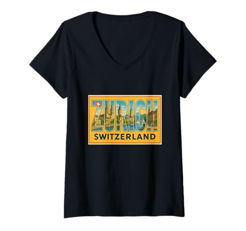 Damen Zurich Schweiz Vintage Reise Souvenir Post Art Grafik T-Shirt mit V-Ausschnitt Damen Zurich Schweiz Vintage Reise Souvenir Post Art Grafik T-Shirt mit V-Ausschnitt von Zurich Threads Apparel and Design