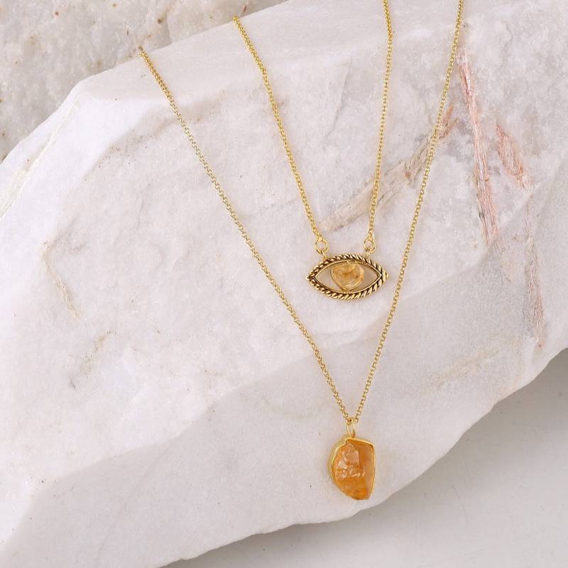 Evil Eye Halskette Gold, Mehrschichtige Roh Citrin Kette, Designer Halskette. Boho Statement Modeschmuck von Zurooh