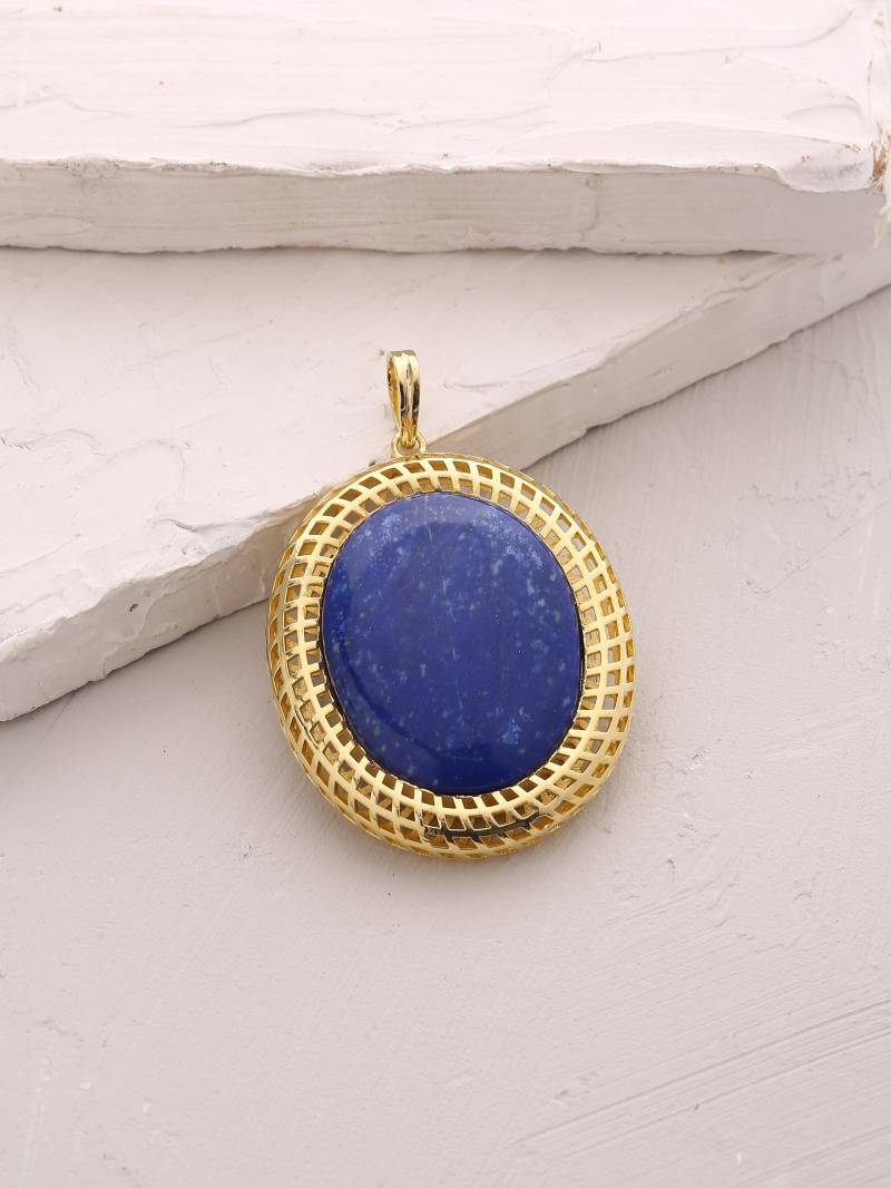 Lapis Lazuli Anhänger Halskette Gold. Mondstein Halskette. Türkis Großer Filigran Anhänger. Ovaler Stein von Zurooh