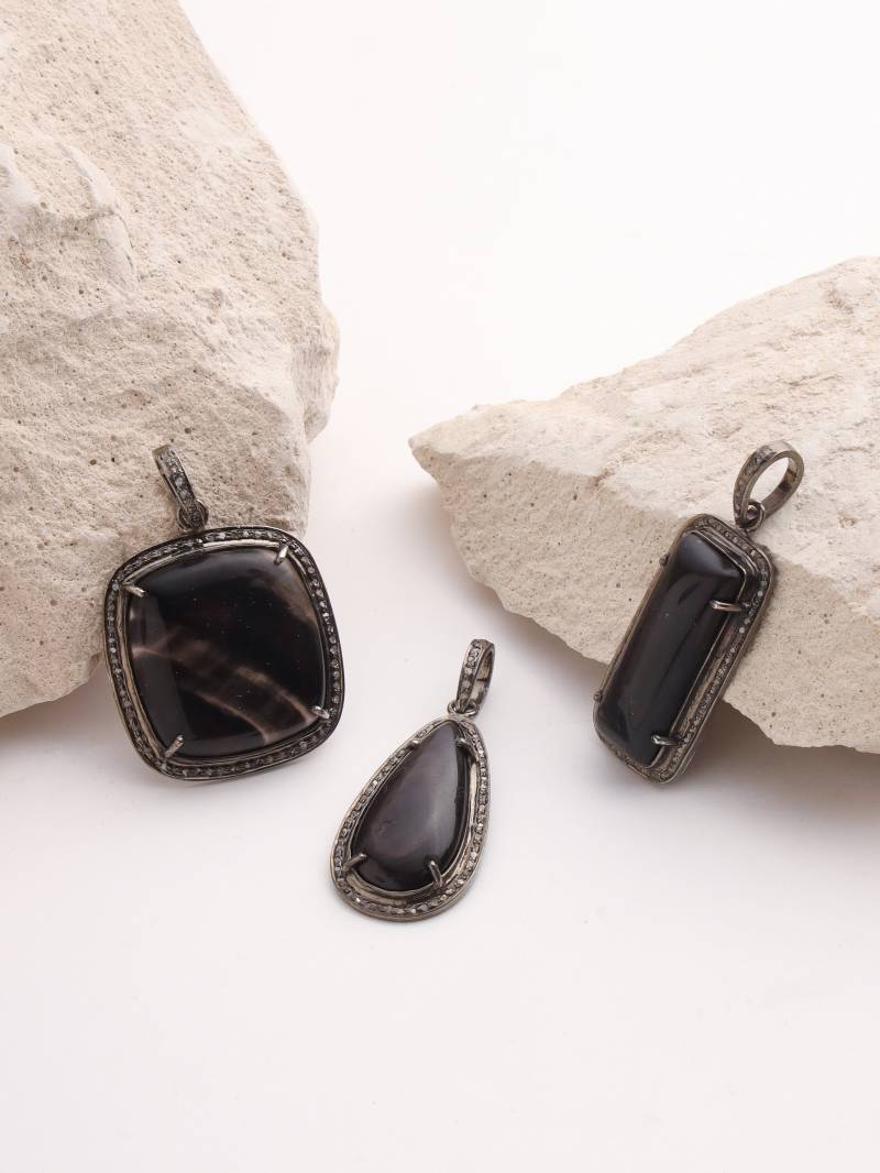 Boho Obsidian Und Diamant Anhänger Aus Sterling Silber 925. Kristall Schmuck 925Er Silber von ZuroohSilver
