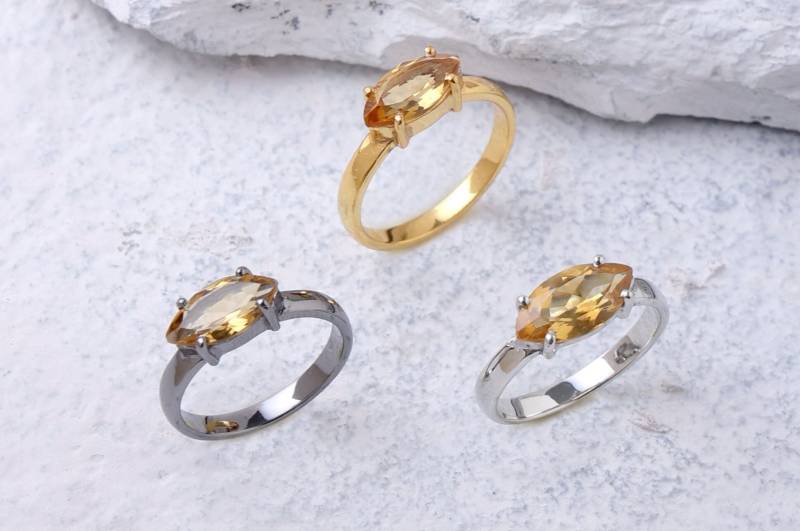 Citrin Ring Massiv Silber 925. Marquise Form Natürlicher Für Frauen. Art Deco Edelstein Stapelring Gold Schwarz von ZuroohSilver