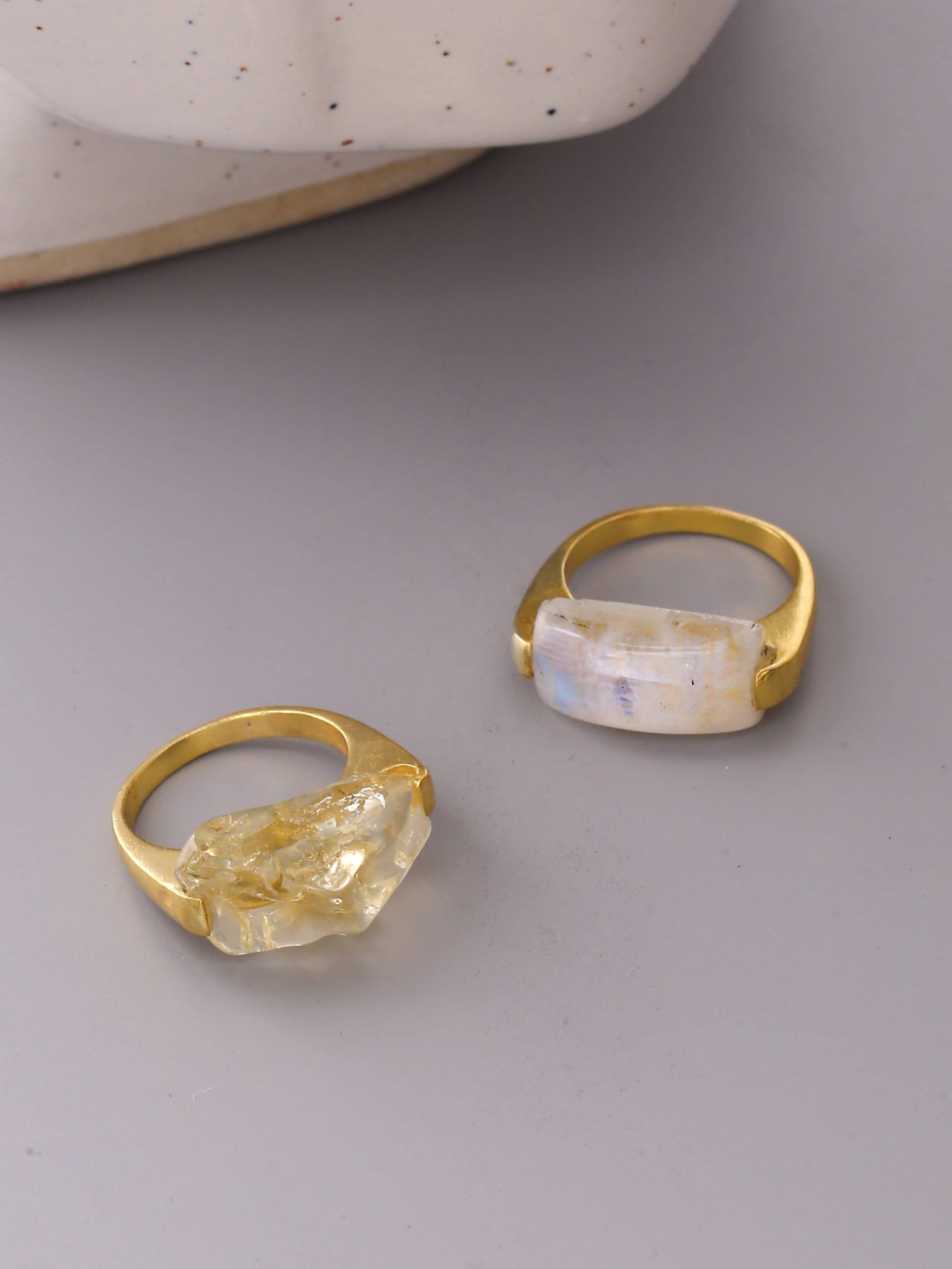 Roher Citrin Ring Gold. Kristall Sterling Silber Ring. Vergoldete Geburtsstein Für Frauen. Lässige Ringe Damen von ZuroohSilver