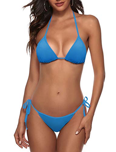 Frauen Zweiteiliger Bikini Badeanzug Sexy Badeanzüge Halfter Dreieck Tops String Bikini Sets, Blau, Medium von Zuvebamyo