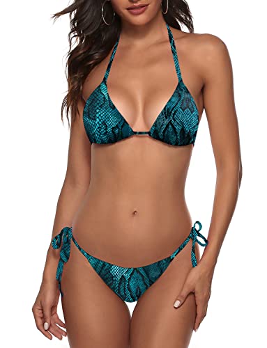 Frauen Zweiteiliger Bikini Badeanzug Sexy Badeanzüge Halfter Dreieck Tops String Bikini Sets, Blaue Schlange, XS von Zuvebamyo