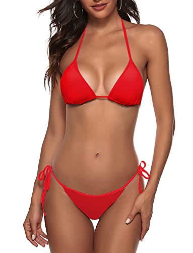 Frauen Zweiteiliger Bikini Badeanzug Sexy Badeanzüge Halfter Dreieck Tops String Bikini Sets, Rot/Ausflug, einfarbig (Getaway Solids), Large von Zuvebamyo