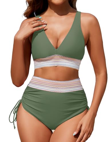 Zuvebamyo Damen-Bikini-Set mit hoher Taille, zweiteilig, Bauchkontrolle, Badeanzug, Farbblock-Badeanzug, Grün (Army Green), Large von Zuvebamyo