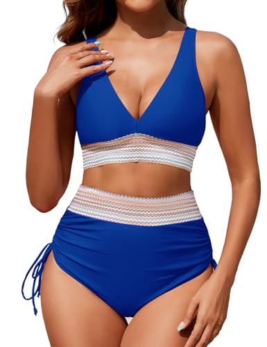 Zuvebamyo Damen-Bikini-Set mit hoher Taille, zweiteilig, Bauchkontrolle, Badeanzug, Farbblock-Badeanzug, Kobaltblau, Large von Zuvebamyo