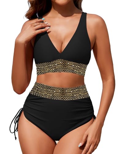 Zuvebamyo Damen-Bikini-Set mit hoher Taille, zweiteilig, Bauchkontrolle, Badeanzug, Farbblock-Badeanzug, Schwarz Gold, Medium von Zuvebamyo
