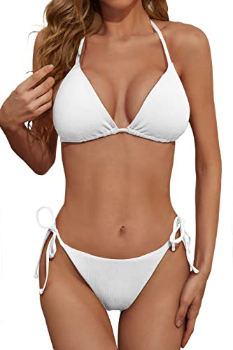 Zuvebamyo Damen Gerippter Zweiteiler Bikini Badeanzug Sexy Triangel Top Badeanzüge String Cheeky Bikini Sets, Weiß, Large von Zuvebamyo