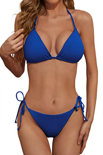 Zuvebamyo Damen Gerippter Zweiteiler Bikini Badeanzug Sexy Triangel Top Badeanzüge String Cheeky Bikini Sets, königsblau, Large von Zuvebamyo