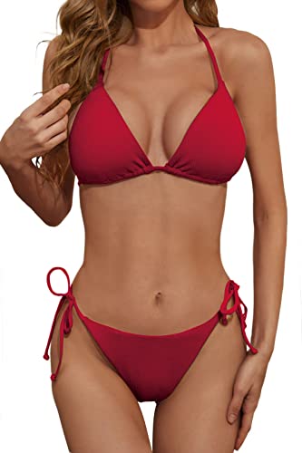 Zuvebamyo Damen Gerippter Zweiteiler Bikini Badeanzug Sexy Triangel Top Badeanzüge String Cheeky Bikini Sets, rot, Medium von Zuvebamyo