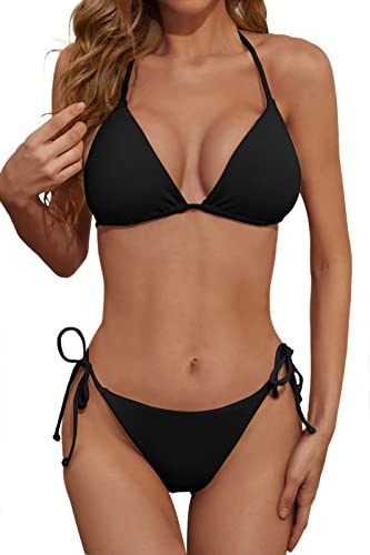 Zuvebamyo Damen Gerippter Zweiteiler Bikini Badeanzug Sexy Triangel Top Badeanzüge String Cheeky Bikini Sets, schwarz, Large von Zuvebamyo