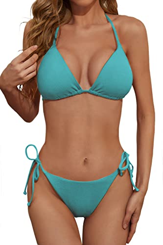 Zuvebamyo Damen Gerippter Zweiteiler Bikini Badeanzug Sexy Triangel Top Badeanzüge String Cheeky Bikini Sets, seeblau, Small Zuvebamyo Damen Gerippter Zweiteiler Bikini Badeanzug Sexy Triangel Top Badeanzüge String Cheeky Bikini Sets, seeblau, Small von Zuvebamyo