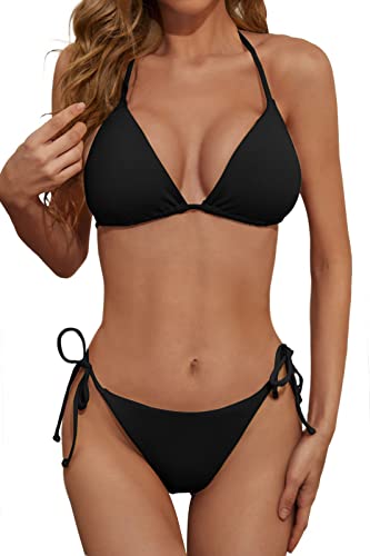 Zuvebamyo Damen Zweiteiliger Bikini Badeanzug Sexy Gerippt Triangel Top Badeanzüge String Cheeky Bikini Sets, Schwarz, XS von Zuvebamyo