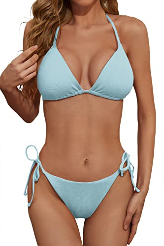 Zuvebamyo Damen Zweiteiliger Bikini Badeanzug Sexy Geripptes Dreieck Top Badeanzüge String Freche Bikini Sets, Babyblau, S von Zuvebamyo