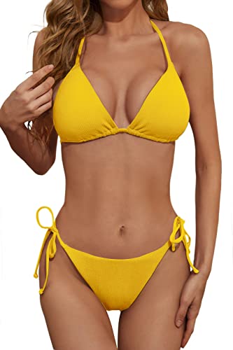 Zuvebamyo Damen Zweiteiliger Bikini Badeanzug Sexy Geripptes Dreieck Top Badeanzüge String Freche Bikini Sets, gelb, Medium von Zuvebamyo