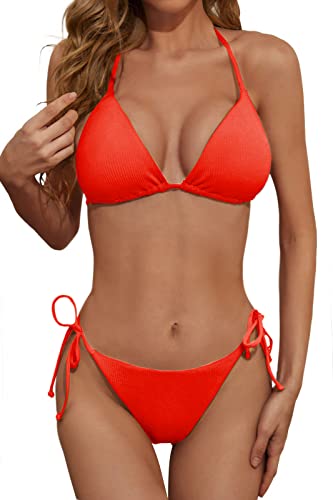 Zuvebamyo Damen Zweiteiliger Bikini Badeanzug Sexy Geripptes Dreieck Top Badeanzüge String Freche Bikini Sets, neon-orange, Large von Zuvebamyo