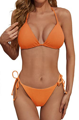 Zuvebamyo Damen Zweiteiliges Bikini Badeanzug Set – Sexy Ripp-Optik Triangle Top, Badeanzüge mit Bindebändern, Cheeky Bikini Sets, Orange/Abendrot im Zickzackmuster (Sunset Chevron), S von Zuvebamyo