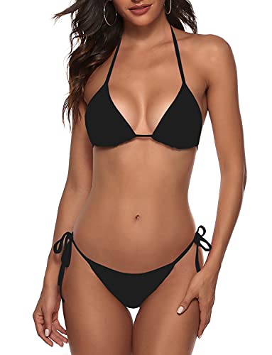 Zweiteiliger Bikini-Badeanzug für Damen, sexy Badeanzüge, Neckholder, dreieckiges Oberteil, String-Bikini-Set, Schwarz, Large von Zuvebamyo