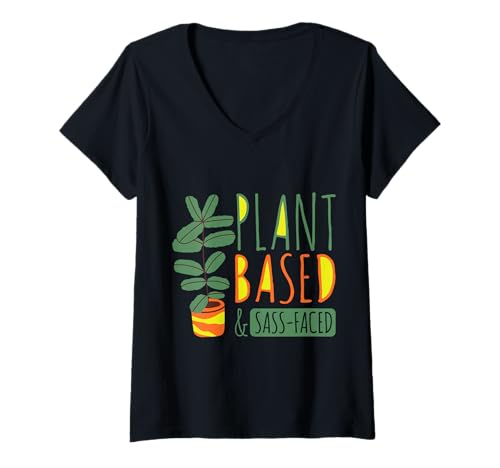 Damen Pflanzenbasierte & Sass-Face T-Shirt mit V-Ausschnitt Damen Pflanzenbasierte & Sass-Face T-Shirt mit V-Ausschnitt von Zuversichtlich mitfühlend
