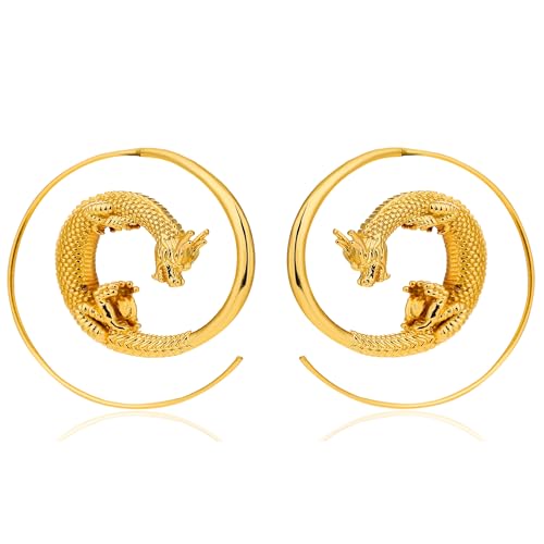 Drachen-Creolen für Damen, goldene Drachen-Ohrringe, Spiralcreolen, klobig, große Creolen, Gothic-Drachen-Schmuck, hypoallergen, Regular Size, Messing, Kein Edelstein Drachen-Creolen für Damen, goldene Drachen-Ohrringe, Spiralcreolen, klobig, große Creolen, Gothic-Drachen-Schmuck, hypoallergen, Regular Size, Messing, Kein Edelstein von Zuvexe